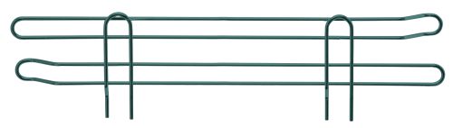 The Quantum Side Ledge is a green metal plant support, measuring 18D x 4H, with two rounded loops and long horizontal bars. Its green epoxy antimicrobial finish ensures durability, while the side ledge provides extra stability for effective plant shaping in any garden.