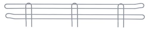 The Quantum Side Ledge is a minimalistic, gray metal wire hanger with four evenly spaced vertical supports and a double horizontal bar design. It features a gray epoxy antimicrobial finish against a plain white background and measures 30D x 4H.