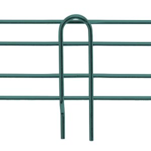 Image of the Quantum Side Ledge, a green epoxy antimicrobial metal plant support with two horizontal bars and four U-shaped legs for garden plant stabilization.
