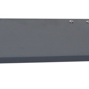 The Quantum Solid Shelf, 36W x 12D, features a minimalist industrial design with a slanted top. Painted dark gray, it supports up to 75 lbs., includes six screws for secure wall attachment, and offers brackets for easy mounting on louvered panels.
