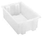 A clear, rectangular Quantum Stack and Nest Tote, 18W x 11D x 6H, made from durable polypropylene with smooth sides and reinforced corners for strength. It has a capacity of 0.50 cu. ft., is made in the USA, and is priced per each unit.
