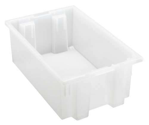 A clear, rectangular Quantum Stack and Nest Tote, 18W x 11D x 6H, made from durable polypropylene with smooth sides and reinforced corners for strength. It has a capacity of 0.50 cu. ft., is made in the USA, and is priced per each unit.