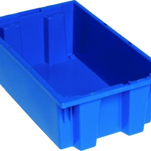 The Quantum Stack and Nest Tote is a blue heavy-duty storage bin made of durable polypropylene. With dimensions of 18W x 11D x 6H and a 0.50 cu. ft. capacity, it features straight sides and an open rectangular end, ideal for efficient stacking and nesting use. Made in the USA.