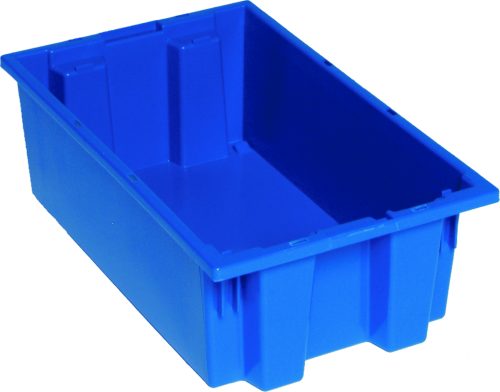 The Quantum Stack and Nest Tote is a blue heavy-duty storage bin made of durable polypropylene. With dimensions of 18W x 11D x 6H and a 0.50 cu. ft. capacity, it features straight sides and an open rectangular end, ideal for efficient stacking and nesting use. Made in the USA.