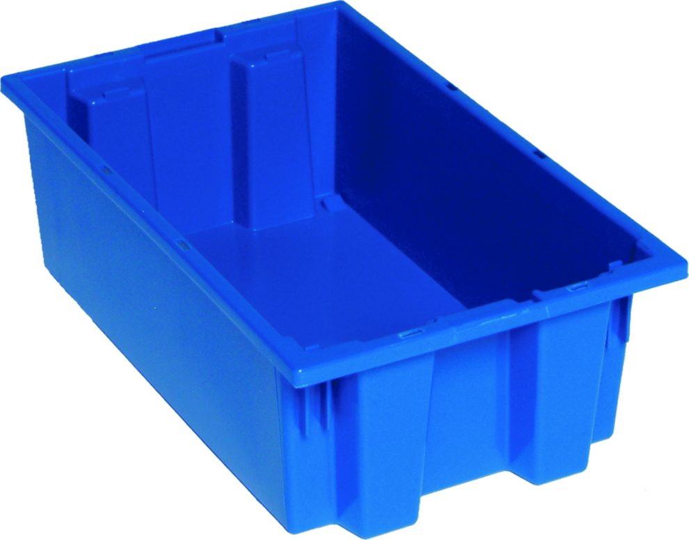 Blue stack and nest tote with reinforced rim and moulded hand grips