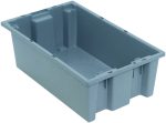 A three-quarter view shows the interior of a Quantum Stack and Nest Tote, priced per each, with slightly elevated edges and a smooth base. This heavy-duty gray polypropylene bin measures 18W x 11D x 6H and is set against a white background. Made in the USA with a capacity of 0.50 cu. ft., it comes six per carton.
