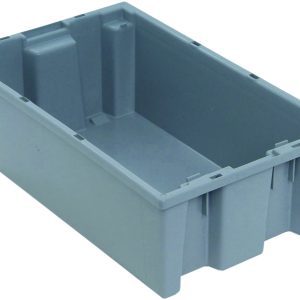 A three-quarter view shows the interior of a Quantum Stack and Nest Tote, priced per each, with slightly elevated edges and a smooth base. This heavy-duty gray polypropylene bin measures 18W x 11D x 6H and is set against a white background. Made in the USA with a capacity of 0.50 cu. ft., it comes six per carton.