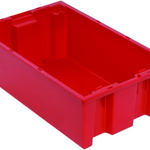 The Quantum Stack and Nest Tote, made of heavy-duty red polypropylene, measures 18W x 11D x 6H and has a capacity of 0.50 cu. ft. It features smooth edges with an angled perspective, showcasing its spacious interior and exterior surfaces easily. Made in the USA, its purchased per unit or in cartons of six.