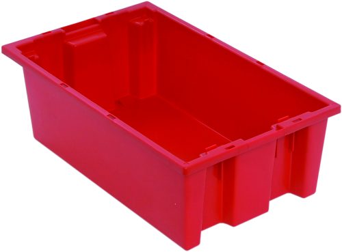 The Quantum Stack and Nest Tote, made of heavy-duty red polypropylene, measures 18W x 11D x 6H and has a capacity of 0.50 cu. ft. It features smooth edges with an angled perspective, showcasing its spacious interior and exterior surfaces easily. Made in the USA, its purchased per unit or in cartons of six.