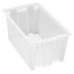 A heavy-duty, clear polypropylene Quantum Stack and Nest Tote (18W x 11D x 9H, 0.76 cu. ft.) with slightly tapered sides is empty and placed against a plain white background. Made in the USA and sold individually, with 6 per carton.