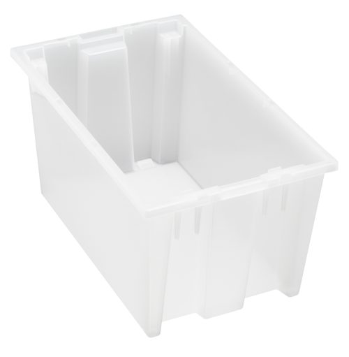 SNT1851 cl A heavy-duty, clear polypropylene Quantum Stack and Nest Tote (18W x 11D x 9H, 0.76 cu. ft.) with slightly tapered sides is empty and placed against a plain white background. Made in the USA and sold individually, with 6 per carton.
