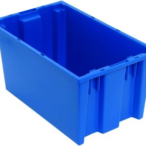 The Quantum Stack and Nest Tote measures 18W x 11D x 9H with a capacity of 0.76 cu. ft., featuring reinforced corners, smooth surface, and raised edges. Made from blue polypropylene in the USA, its perfect for utility and organization.