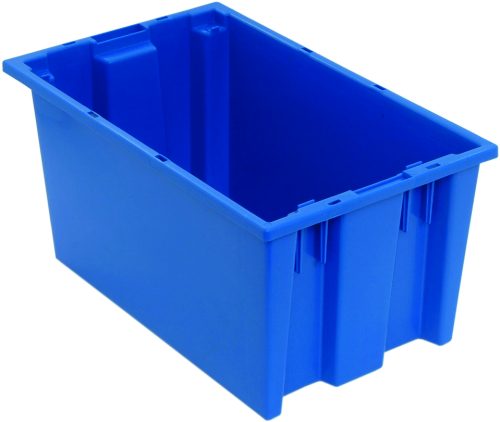 The Quantum Stack and Nest Tote measures 18W x 11D x 9H with a capacity of 0.76 cu. ft., featuring reinforced corners, smooth surface, and raised edges. Made from blue polypropylene in the USA, its perfect for utility and organization.