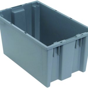 The gray Quantum Stack and Nest Tote, measuring 18W x 11D x 9H with a capacity of 0.76 cu. ft., is made from heavy-duty polypropylene for industrial or storage use. Made in the USA, this rectangular bin features reinforced edges and slightly textured sides.