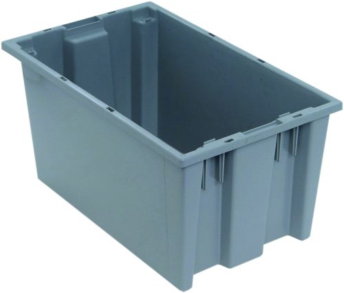 The gray Quantum Stack and Nest Tote, measuring 18W x 11D x 9H with a capacity of 0.76 cu. ft., is made from heavy-duty polypropylene for industrial or storage use. Made in the USA, this rectangular bin features reinforced edges and slightly textured sides.