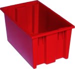The Quantum Stack and Nest Tote is a red polypropylene, 0.76 cu. ft. capacity storage bin, measuring 18W x 11D x 9H with angled sides and a smooth finish, made in the USA and viewed from above to show its depth.