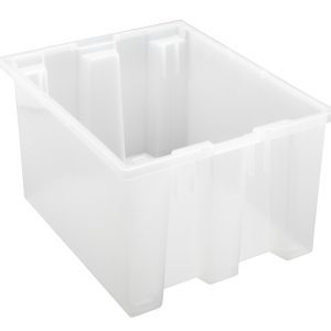 The Quantum Stack and Nest Tote features a clear, rectangular design with reinforced edges and a tapered shape. Measuring 19-1/2W x 15-1/2D x 10H, its versatile 1.20 cu. ft. capacity makes it perfect for organizing, stacking, or nesting items. Made in the USA from heavy-duty polypropylene.