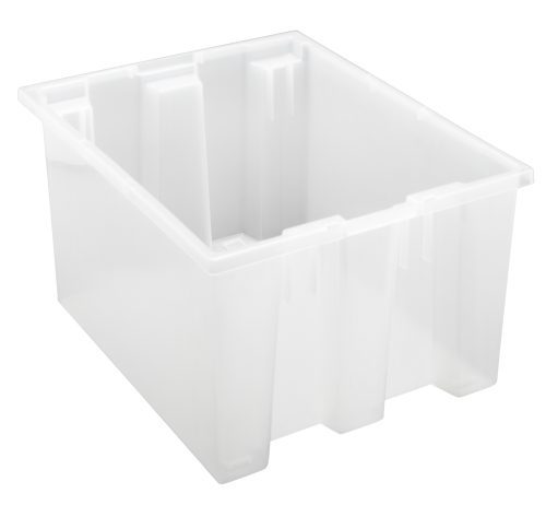 The Quantum Stack and Nest Tote features a clear, rectangular design with reinforced edges and a tapered shape. Measuring 19-1/2W x 15-1/2D x 10H, its versatile 1.20 cu. ft. capacity makes it perfect for organizing, stacking, or nesting items. Made in the USA from heavy-duty polypropylene.