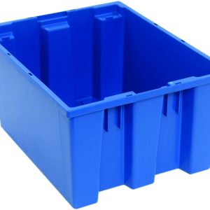 A large blue Quantum Stack and Nest Tote, made from heavy-duty polypropylene and sized at 19-1/2W x 15-1/2D x 10H with a 1.20 cu. ft. capacity, features reinforced sides and an open top, displayed empty against a white background. Made in the USA (priced per each, carton of six).