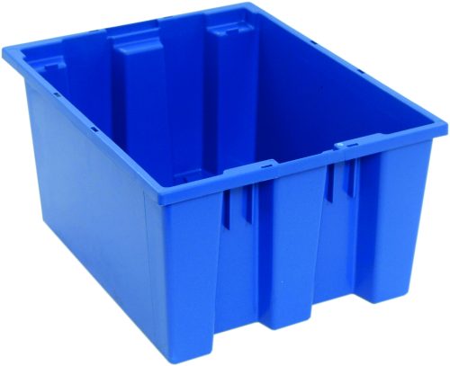 A large blue Quantum Stack and Nest Tote, made from heavy-duty polypropylene and sized at 19-1/2W x 15-1/2D x 10H with a 1.20 cu. ft. capacity, features reinforced sides and an open top, displayed empty against a white background. Made in the USA (priced per each, carton of six).