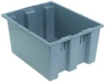 The Quantum Stack and Nest Tote is a gray polypropylene storage bin measuring 19-1/2W x 15-1/2D x 10H with reinforced walls, a flat bottom, and an open top design revealing its spacious 1.20 cu. ft. capacity. Made in the USA and heavy-duty, it is priced per each, with six per carton.