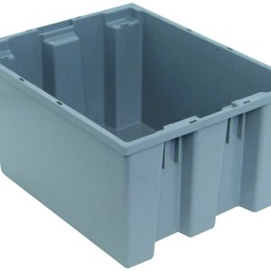 The Quantum Stack and Nest Tote is a gray polypropylene storage bin measuring 19-1/2W x 15-1/2D x 10H with reinforced walls, a flat bottom, and an open top design revealing its spacious 1.20 cu. ft. capacity. Made in the USA and heavy-duty, it is priced per each, with six per carton.