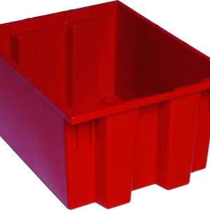 The Quantum Stack and Nest Tote, with dimensions of 19-1/2W x 15-1/2D x 10H, is a red, heavy-duty polypropylene storage bin made in the USA. It features a durable design with high sides and a solid base, offering a capacity of 1.20 cu. ft.