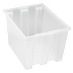 The semi-transparent Quantum Stack and Nest Tote, made from clear polypropylene, has a rectangular form with tapered sides. It offers a 1.70 cu. ft. capacity and is displayed against a plain white background.