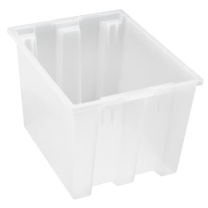 The semi-transparent Quantum Stack and Nest Tote, made from clear polypropylene, has a rectangular form with tapered sides. It offers a 1.70 cu. ft. capacity and is displayed against a plain white background.