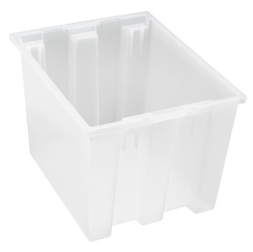 SNT195 cl The semi-transparent Quantum Stack and Nest Tote, made from clear polypropylene, has a rectangular form with tapered sides. It offers a 1.70 cu. ft. capacity and is displayed against a plain white background.