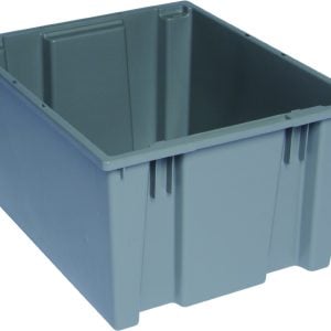 The Quantum Stack and Nest Tote is a heavy-duty, gray polypropylene storage bin with reinforced edges and a slightly tapered design, measuring 19-1/2W x 15-1/2D x 13H. It has an open top and a 1.70 cu. ft. capacity. Made in the USA, it is priced per each.