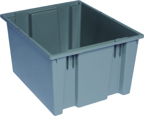 The Quantum Stack and Nest Tote is a heavy-duty, gray polypropylene storage bin with reinforced edges and a slightly tapered design, measuring 19-1/2W x 15-1/2D x 13H. It has an open top and a 1.70 cu. ft. capacity. Made in the USA, it is priced per each.