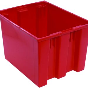 The Quantum Stack and Nest Tote is a heavy-duty, red polypropylene storage bin measuring 19-1/2W x 15-1/2D x 13H with a 1.70 cu. ft. capacity, featuring an open top and ribbed sides for enhanced durability, perfect for all organizational needs. Made in the USA.