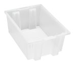 The Quantum Stack and Nest Tote is a heavy-duty, translucent storage bin measuring 19.5W x 13.5D x 8H with reinforced corners, made of clear polypropylene for durability. Its smooth, frosted white surface and visible support structures provide a 0.80 cu. ft capacity, suitable for demanding tasks.