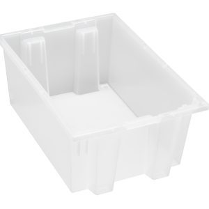 The Quantum Stack and Nest Tote is a heavy-duty, translucent storage bin measuring 19.5W x 13.5D x 8H with reinforced corners, made of clear polypropylene for durability. Its smooth, frosted white surface and visible support structures provide a 0.80 cu. ft capacity, suitable for demanding tasks.