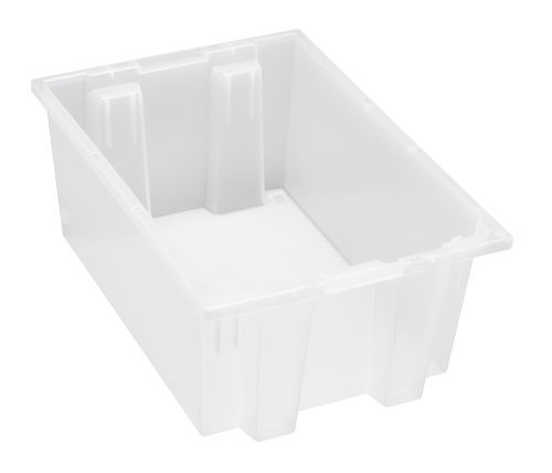 The Quantum Stack and Nest Tote is a heavy-duty, translucent storage bin measuring 19.5W x 13.5D x 8H with reinforced corners, made of clear polypropylene for durability. Its smooth, frosted white surface and visible support structures provide a 0.80 cu. ft capacity, suitable for demanding tasks.