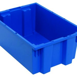 A large, empty blue Quantum Stack and Nest Tote made from durable polypropylene, measuring 19-1/2W x 13-1/2D x 8H, with reinforced corners and an open top, stands upright on a white background. Made in the USA and sold per each (6 per carton).