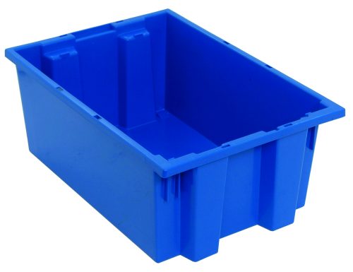SNT200_BL.jpg A large, empty blue Quantum Stack and Nest Tote made from durable polypropylene, measuring 19-1/2W x 13-1/2D x 8H, with reinforced corners and an open top, stands upright on a white background. Made in the USA and sold per each (6 per carton).
