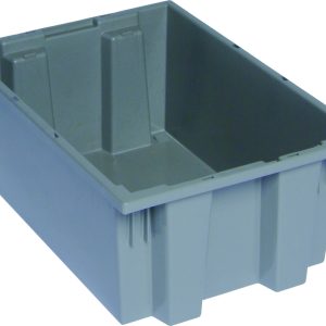 The Quantum Stack and Nest Tote, made of gray polypropylene in the USA, features a rectangular shape with slightly tapered sides and reinforced edges. Measuring 19-1/2W x 13-1/2D x 8H with a 0.80 cu. ft. capacity, it includes structural grooves for stability when empty.