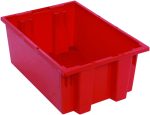 The Quantum Stack and Nest Tote is a large, rectangular, red polypropylene storage bin with reinforced sides and a slightly open top. Measuring 19-1/2W x 13-1/2D x 8H, it offers a 0.80 cu. ft. capacity and is proudly made in the USA.
