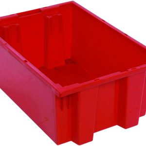The Quantum Stack and Nest Tote is a large, rectangular, red polypropylene storage bin with reinforced sides and a slightly open top. Measuring 19-1/2W x 13-1/2D x 8H, it offers a 0.80 cu. ft. capacity and is proudly made in the USA.