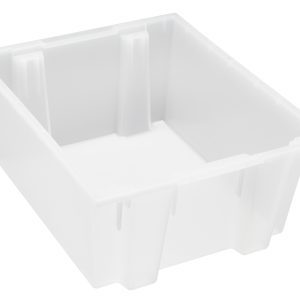 The Quantum Stack and Nest Tote is a clear polypropylene, heavy-duty storage bin with reinforced sides and a slightly glossy surface. It measures 23.5W x 19.5D x 10H, holds 2 cu. ft., and is made in the USA, shown here empty against a white background to highlight its interior and edges.
