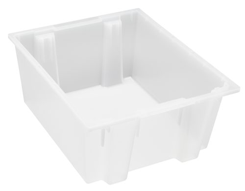 SNT225 cl The Quantum Stack and Nest Tote is a clear polypropylene, heavy-duty storage bin with reinforced sides and a slightly glossy surface. It measures 23.5W x 19.5D x 10H, holds 2 cu. ft., and is made in the USA, shown here empty against a white background to highlight its interior and edges.