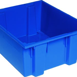 The Quantum Stack and Nest Tote, 23-1/2W x 19-1/2D x 10H, offers a heavy-duty 2.00 cu. ft. capacity in blue polypropylene with reinforced sides and open top, ideal for organization or storage. Made in the USA and priced per each unit (3 each per carton).