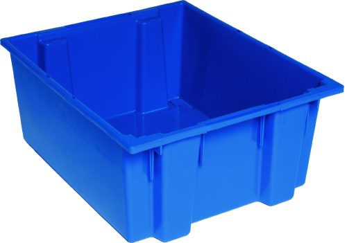 SNT225_BL.jpg The Quantum Stack and Nest Tote, 23-1/2W x 19-1/2D x 10H, offers a heavy-duty 2.00 cu. ft. capacity in blue polypropylene with reinforced sides and open top, ideal for organization or storage. Made in the USA and priced per each unit (3 each per carton).