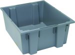 The Quantum Stack and Nest Tote, 23-1/2W x 19-1/2D x 10H, with a 2.00 cu. ft. capacity, is made of gray polypropylene and features reinforced corners and small cutout handles for heavy-duty use, set against a white background.