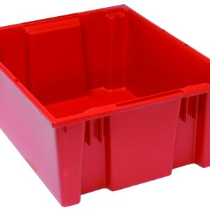 The Quantum Stack And Nest Tote, measuring 23-1/2W x 19-1/2D x 10H, features a red polypropylene design with a smooth interior and high sides. Made in the USA, it boasts heavy-duty construction and a 2.00 cu. ft. capacity, ensuring durability for all storage needs.