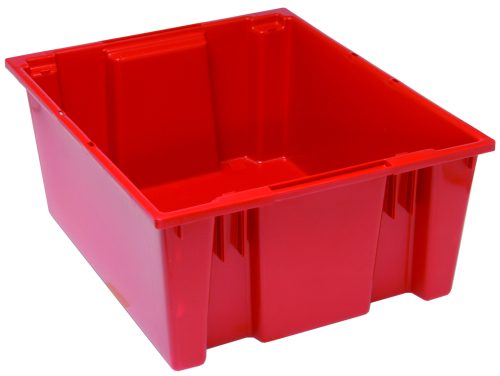 SNT225_RD.jpg The Quantum Stack And Nest Tote, measuring 23-1/2W x 19-1/2D x 10H, features a red polypropylene design with a smooth interior and high sides. Made in the USA, it boasts heavy-duty construction and a 2.00 cu. ft. capacity, ensuring durability for all storage needs.