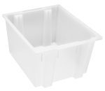 The Quantum Stack and Nest Tote is a clear polypropylene storage bin measuring 23-1/2W x 19-1/2D x 13H with a 2.60 cu. ft. capacity. Made in the USA, it features reinforced corners and sloped sides for sturdy construction, sold individually or in cartons of three.