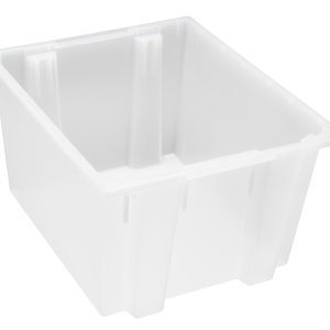 The Quantum Stack and Nest Tote is a clear polypropylene storage bin measuring 23-1/2W x 19-1/2D x 13H with a 2.60 cu. ft. capacity. Made in the USA, it features reinforced corners and sloped sides for sturdy construction, sold individually or in cartons of three.